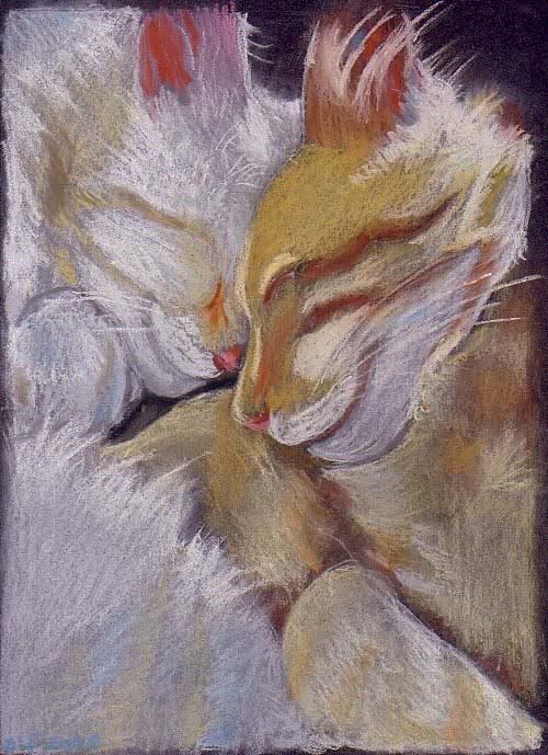 pastel pencil drawing of two cute snuggling kittens on black paper