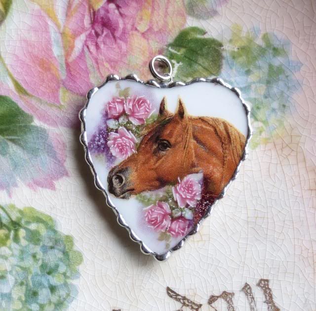 Vintage China - Horse in the Roses - Heart Pendant 138