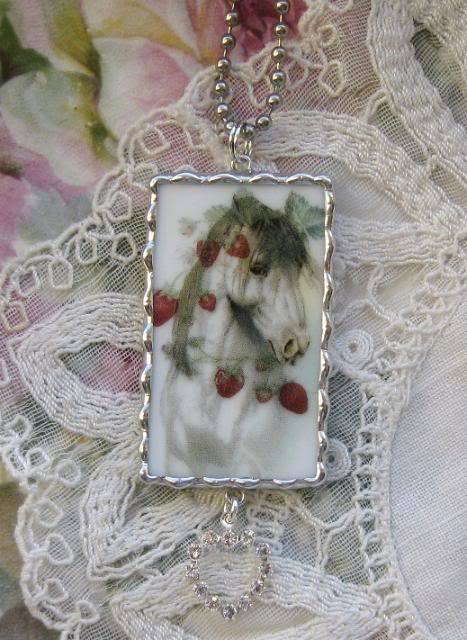 Vintage Shabby Broken China  Horse In the Strawberries  Pendant