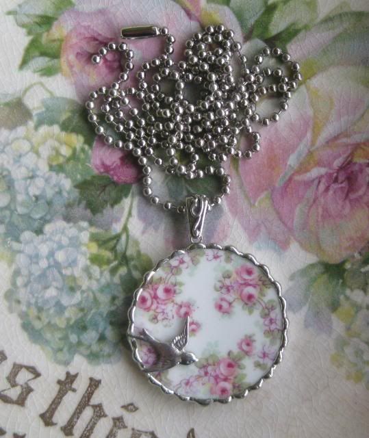 Bird in a Ring of Limoges Roses Necklace