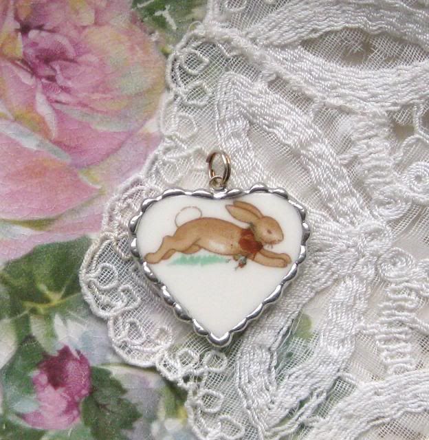 Vintage Bunnykins China Bunny with Roses Heart Pendant Charm
