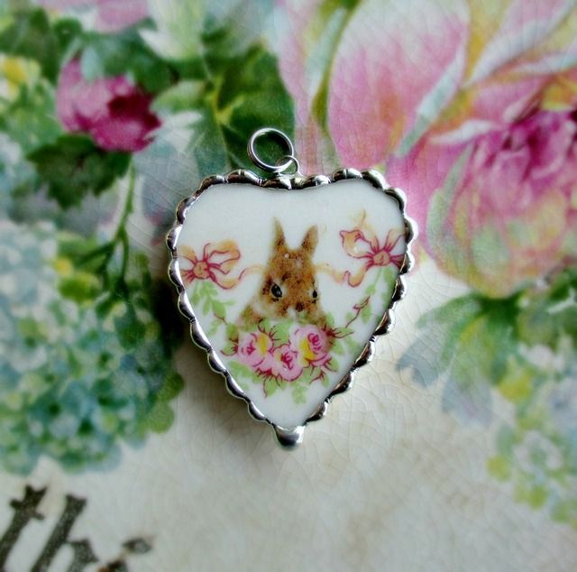 Bunny in the Roses  Heart Pendant
