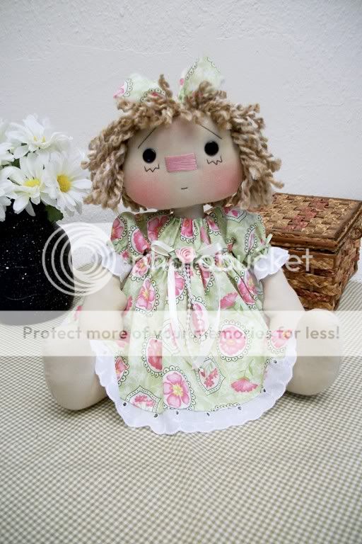 15 Primitive Raggedy Ann doll lt. green/pink roses dress w/ beads 