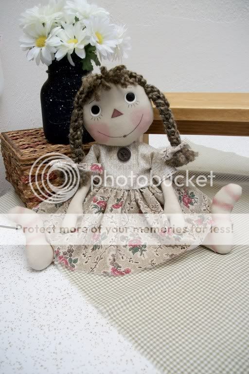   Raggedy Ann doll lt. brown dress brown braided hair painted face